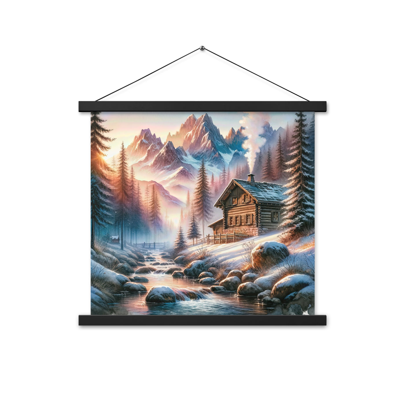 Aquarell einer Alpenszene im Morgengrauen, Haus in den Bergen - Premium Poster mit Aufhängung berge xxx yyy zzz 45.7 x 45.7 cm
