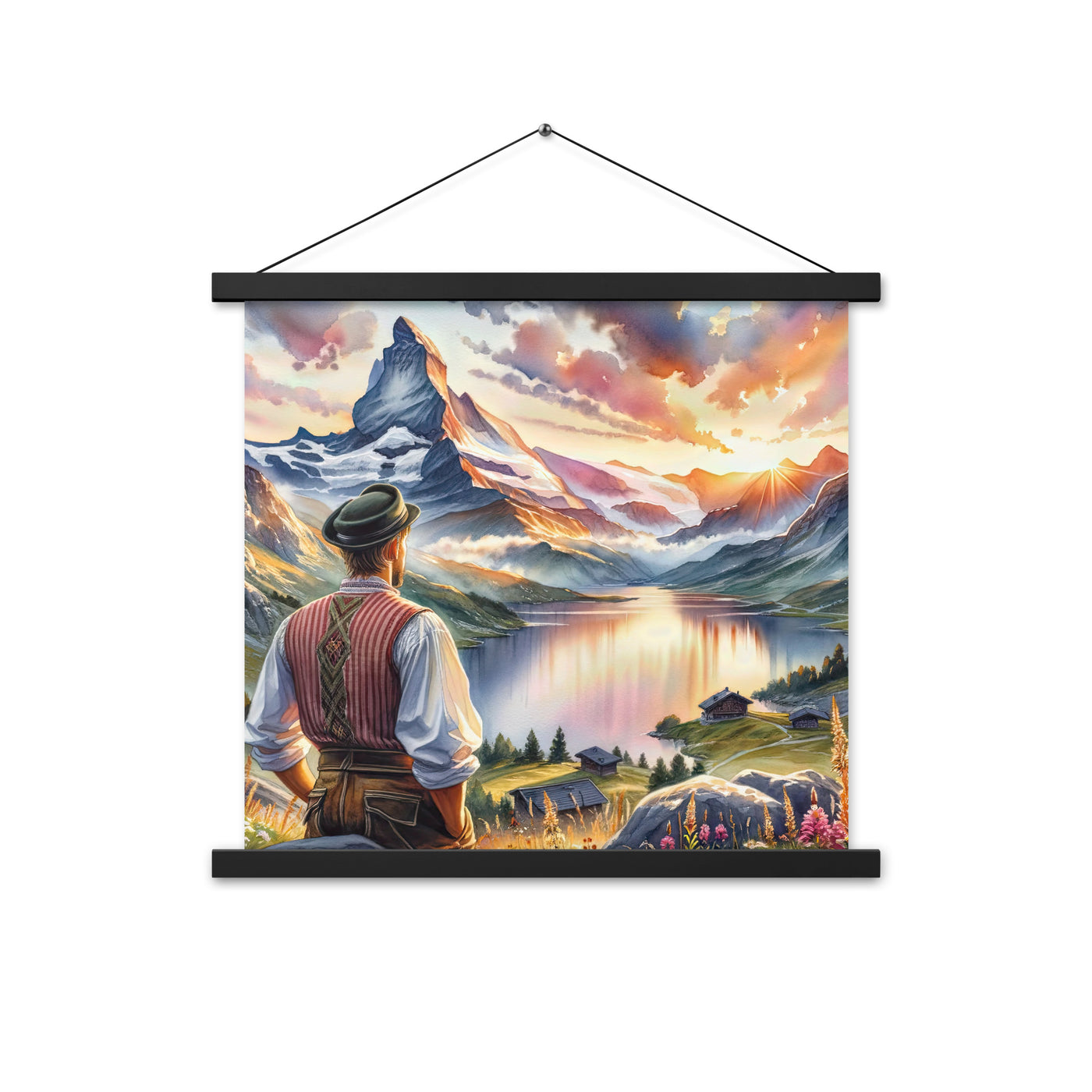Aquarell einer Berglandschaft in der goldenen Stunde mit österreichischem Wanderer - Premium Poster mit Aufhängung wandern xxx yyy zzz 45.7 x 45.7 cm