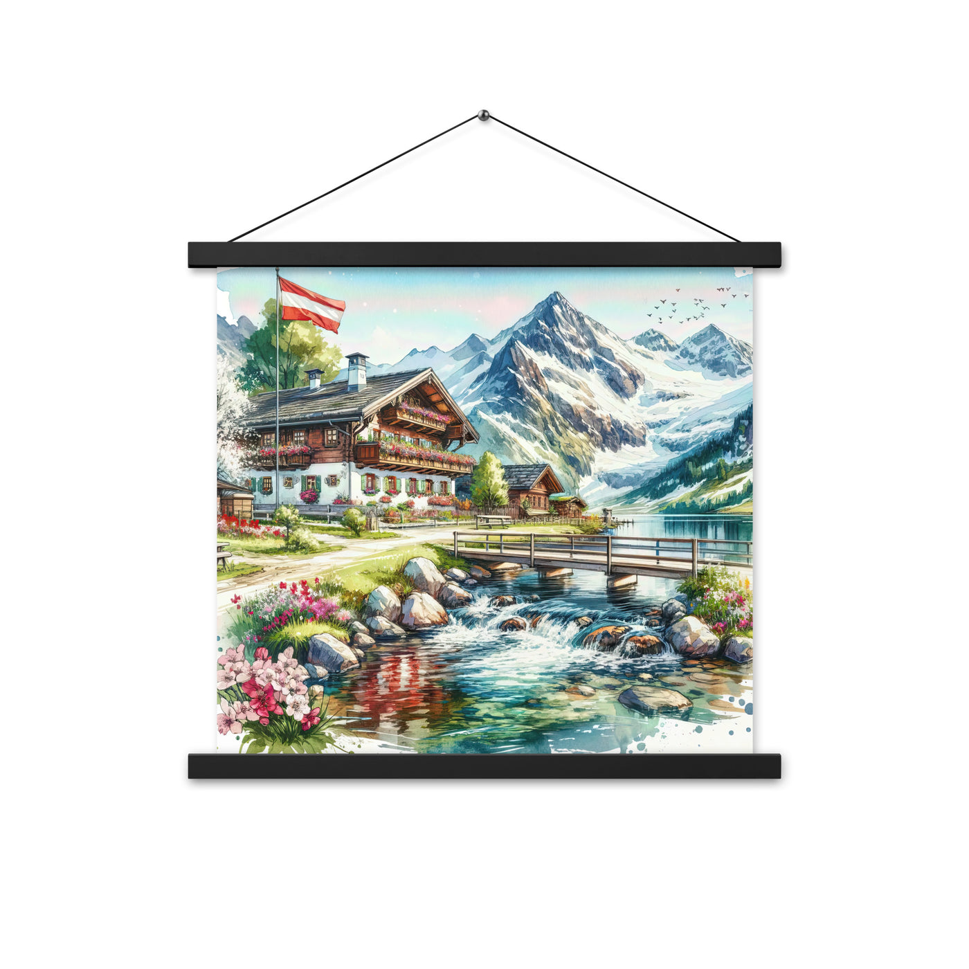 Aquarell der frühlingshaften Alpenkette mit österreichischer Flagge und schmelzendem Schnee - Enhanced Matte Paper Poster With Hanger berge xxx yyy zzz 45.7 x 45.7 cm