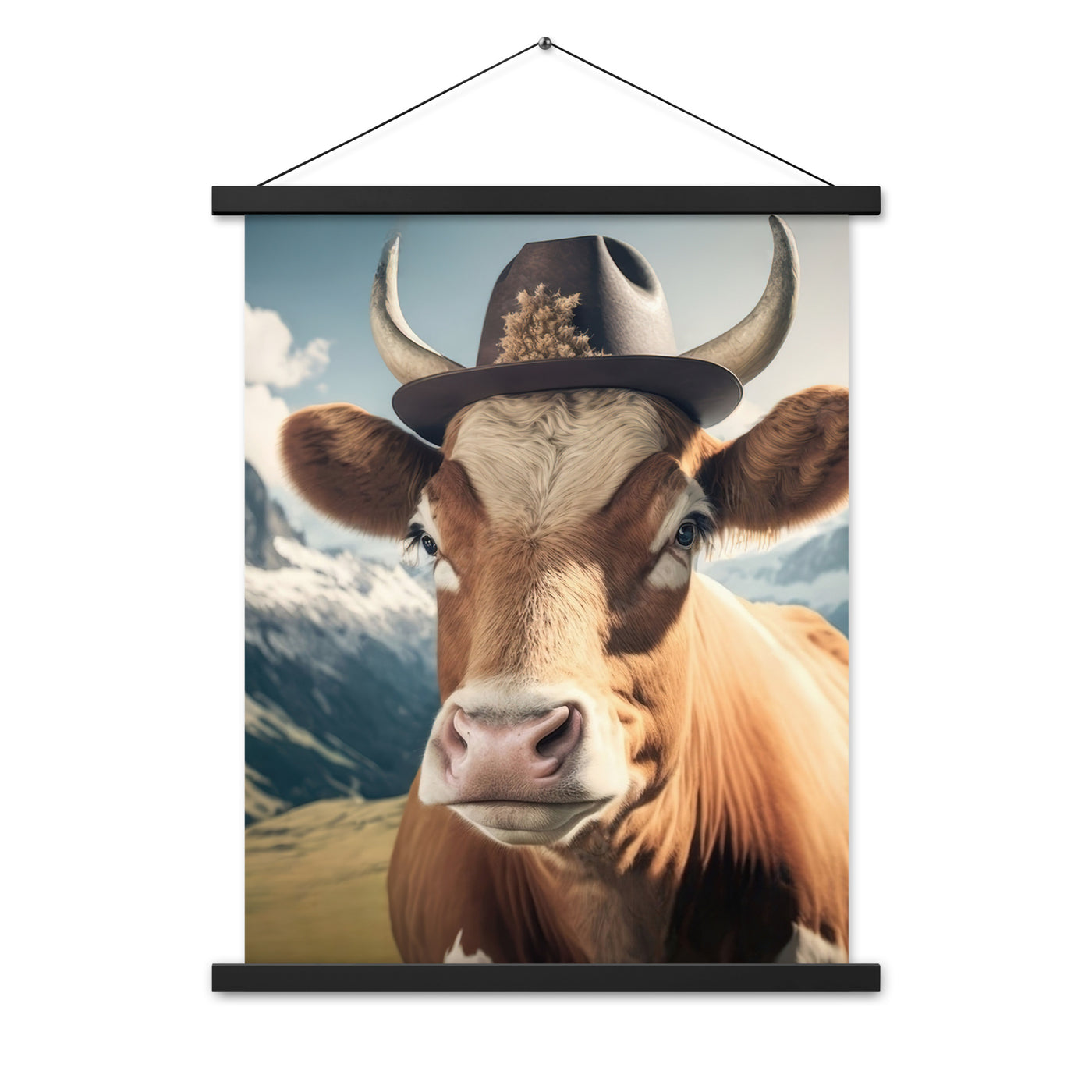 Kuh mit Hut in den Alpen - Berge im Hintergrund - Landschaftsmalerei - Premium Poster mit Aufhängung berge xxx Black 45.7 x 61 cm