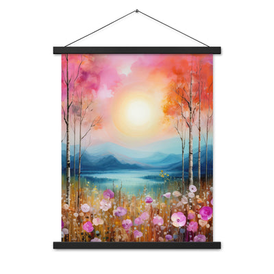 Berge, See, pinke Bäume und Blumen - Malerei - Premium Poster mit Aufhängung berge xxx 45.7 x 61 cm