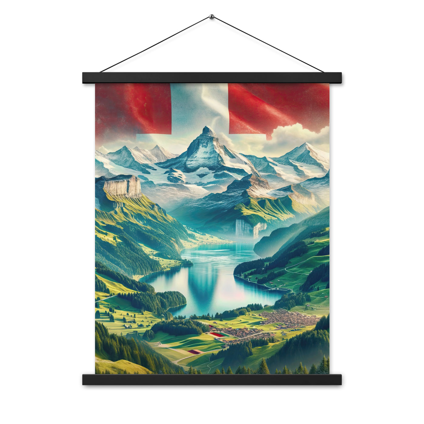 Berg Panorama: Schneeberge und Täler mit Schweizer Flagge - Premium Poster mit Aufhängung berge xxx yyy zzz 45.7 x 61 cm