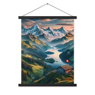 Schweizer Flagge, Alpenidylle: Dämmerlicht, epische Berge und stille Gewässer - Premium Poster mit Aufhängung berge xxx yyy zzz 45.7 x 61 cm