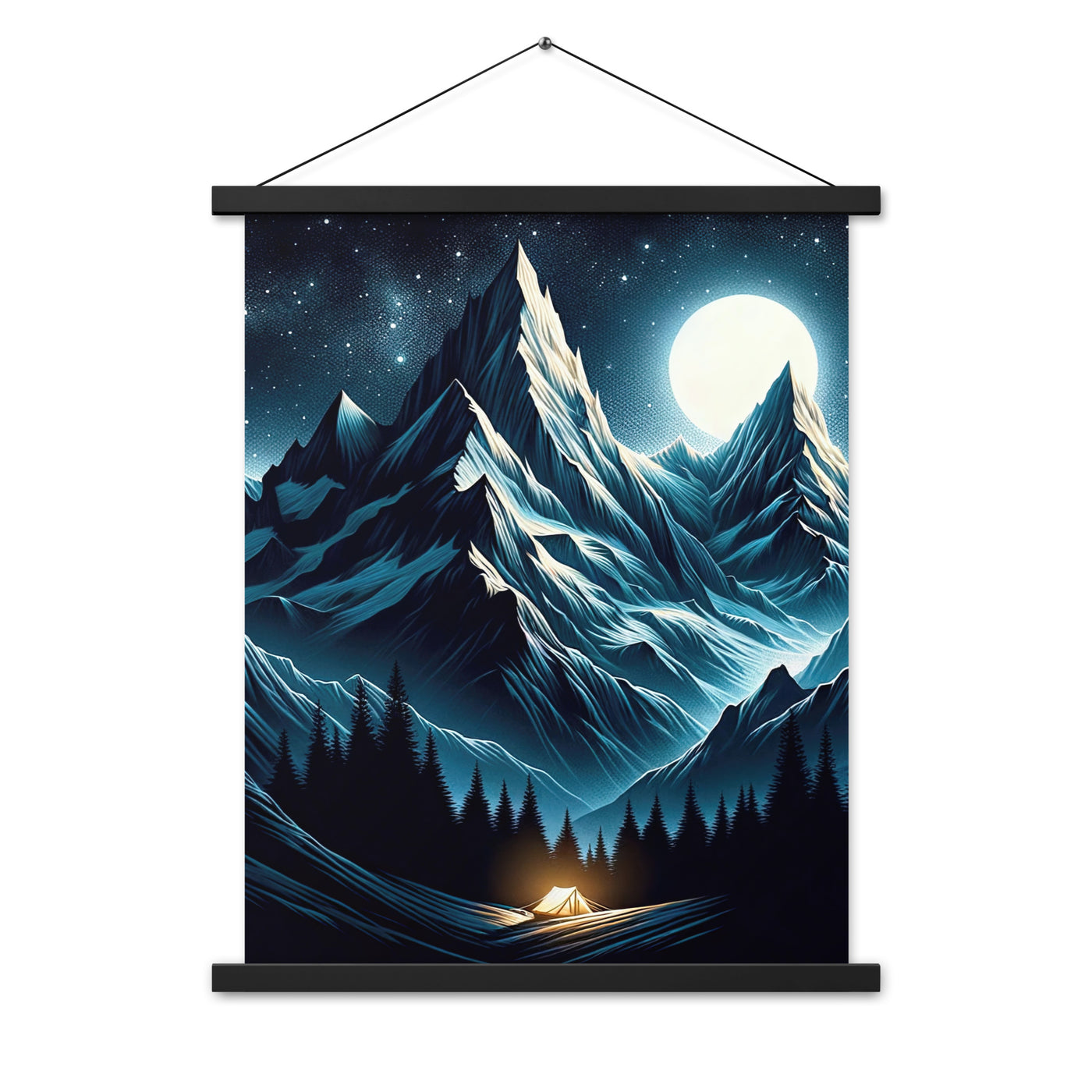 Alpennacht mit Zelt: Mondglanz auf Gipfeln und Tälern, sternenklarer Himmel - Premium Poster mit Aufhängung berge xxx yyy zzz 45.7 x 61 cm
