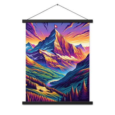 Bergpracht mit Schweizer Flagge: Farbenfrohe Illustration einer Berglandschaft - Premium Poster mit Aufhängung berge xxx yyy zzz 45.7 x 61 cm