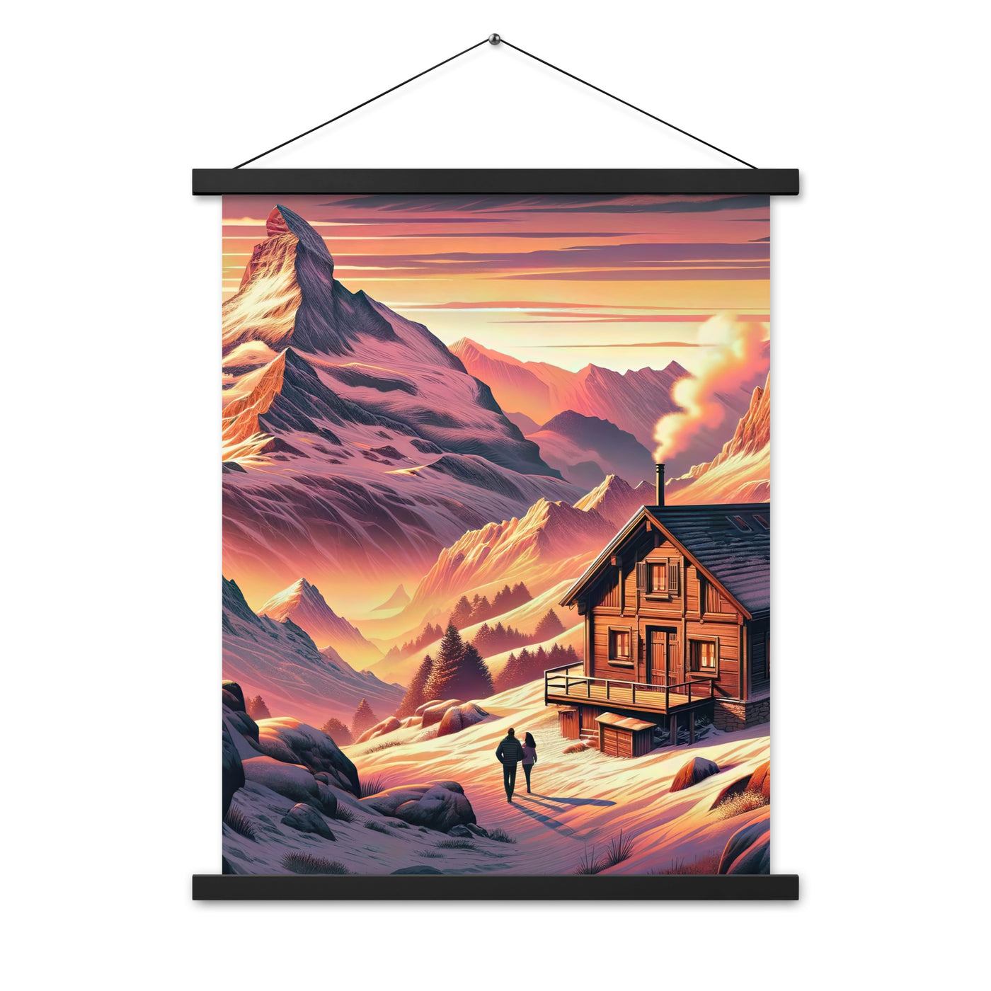 Berghütte im goldenen Sonnenuntergang: Digitale Alpenillustration - Premium Poster mit Aufhängung berge xxx yyy zzz 45.7 x 61 cm