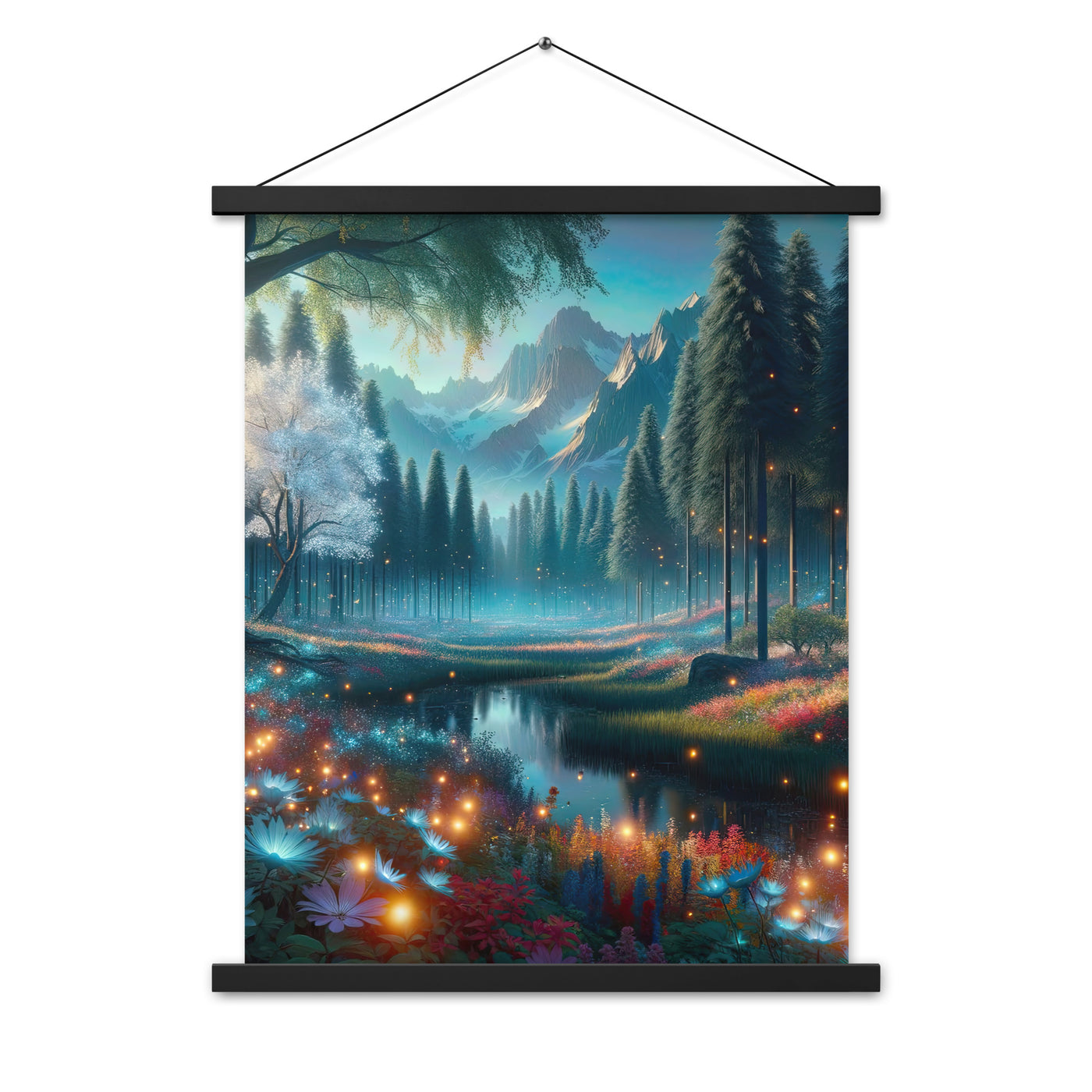Ätherischer Alpenwald: Digitale Darstellung mit leuchtenden Bäumen und Blumen - Premium Poster mit Aufhängung camping xxx yyy zzz 45.7 x 61 cm