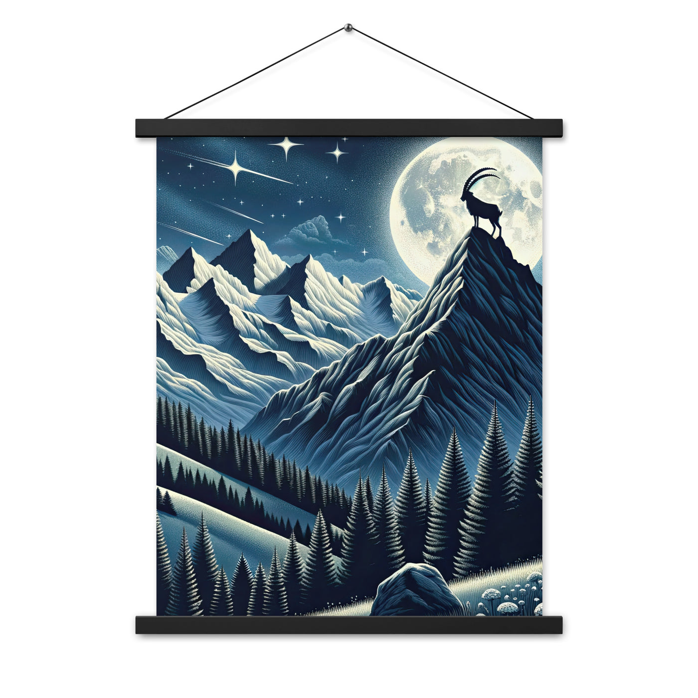 Steinbock in Alpennacht, silberne Berge und Sternenhimmel - Premium Poster mit Aufhängung berge xxx yyy zzz 45.7 x 61 cm