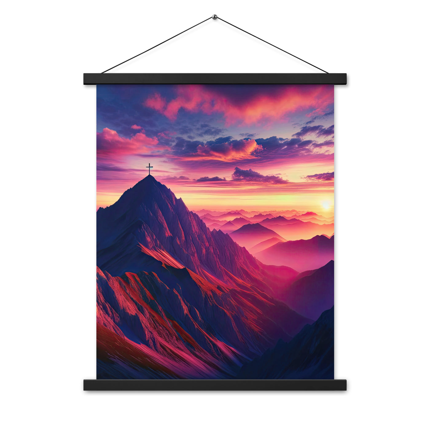 Dramatischer Alpen-Sonnenaufgang, Gipfelkreuz und warme Himmelsfarben - Premium Poster mit Aufhängung berge xxx yyy zzz 45.7 x 61 cm