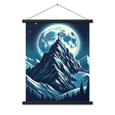 Mondnacht und Gipfelkreuz in den Alpen, glitzernde Schneegipfel - Premium Poster mit Aufhängung berge xxx yyy zzz 45.7 x 61 cm