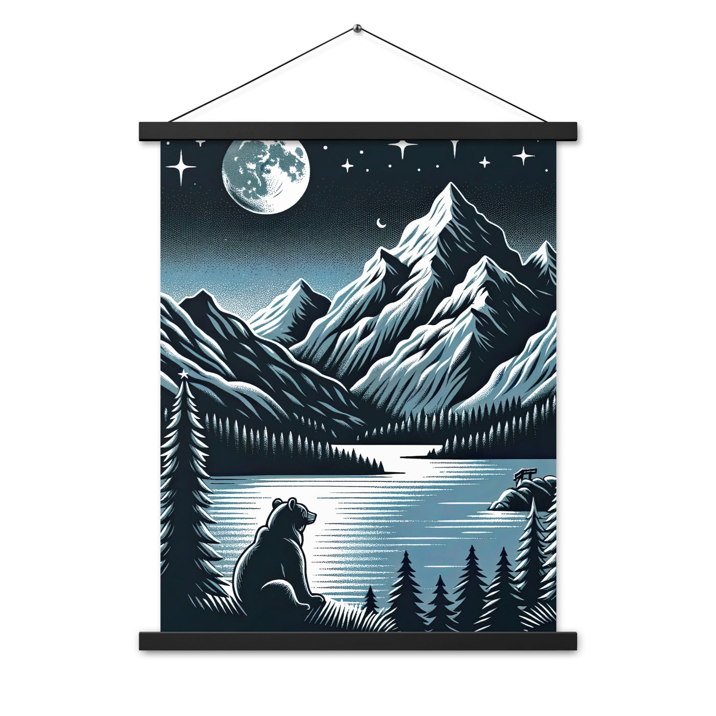 Bär in Alpen-Mondnacht, silberne Berge, schimmernde Seen - Premium Poster mit Aufhängung camping xxx yyy zzz 45.7 x 61 cm