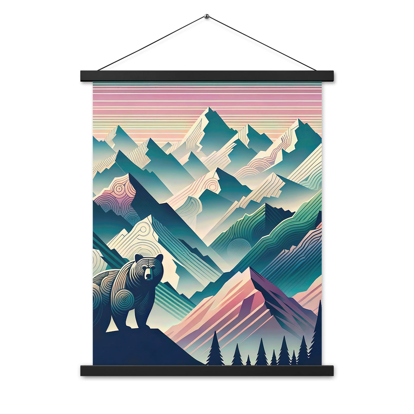 Bär im Panoramablick der Alpen, moderne Kunst-Gebirgsschichten - Premium Poster mit Aufhängung camping xxx yyy zzz 45.7 x 61 cm
