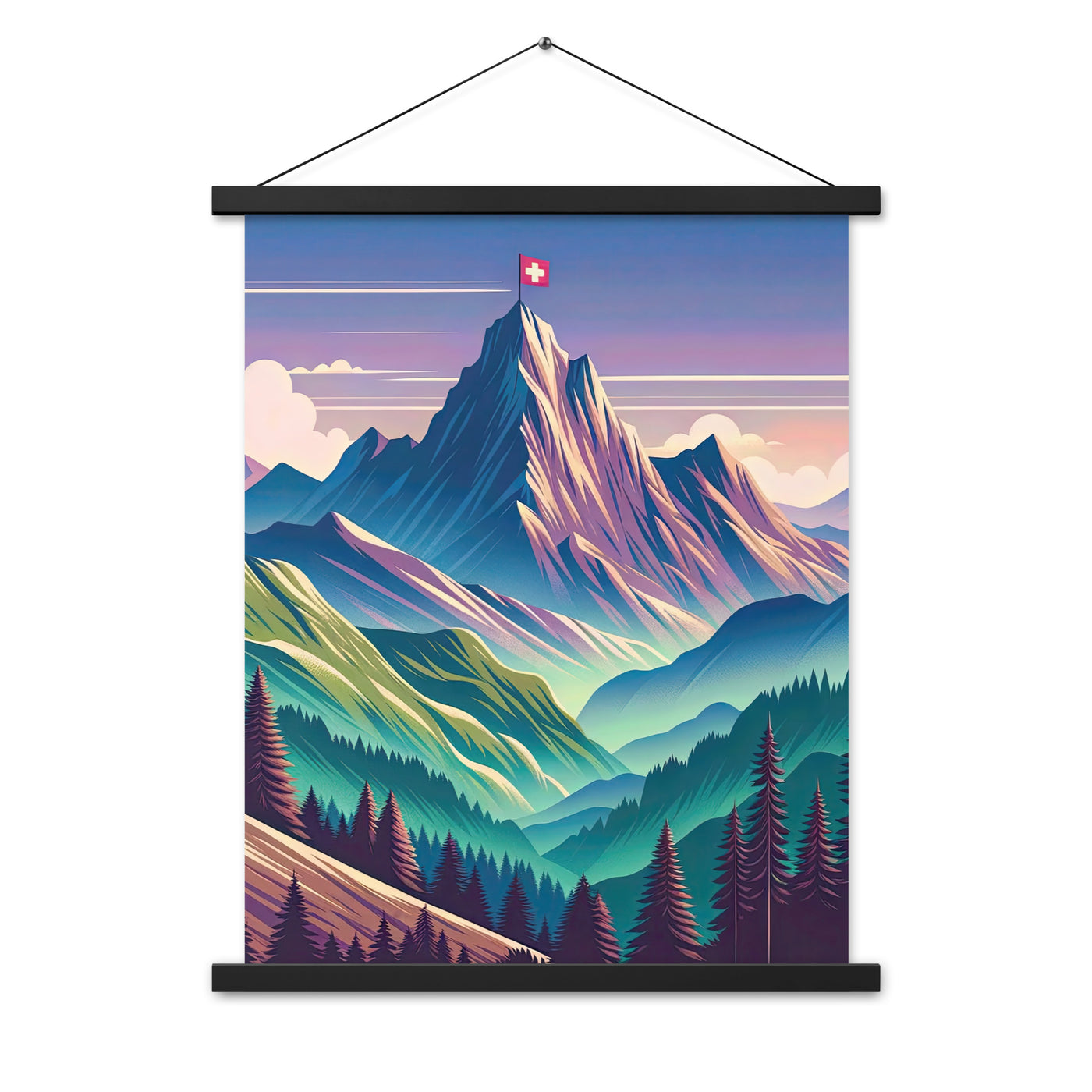 Harmonische Berglandschaft mit Schweizer Flagge auf Gipfel - Premium Poster mit Aufhängung berge xxx yyy zzz 45.7 x 61 cm