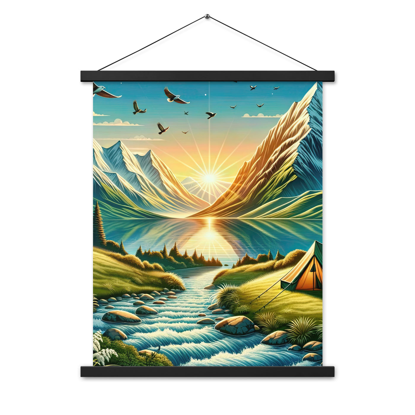 Zelt im Alpenmorgen mit goldenem Licht, Schneebergen und unberührten Seen - Premium Poster mit Aufhängung berge xxx yyy zzz 45.7 x 61 cm