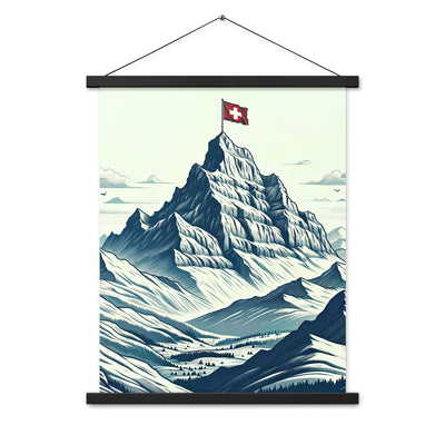 Ausgedehnte Bergkette mit dominierendem Gipfel und wehender Schweizer Flagge - Premium Poster mit Aufhängung berge xxx yyy zzz 45.7 x 61 cm