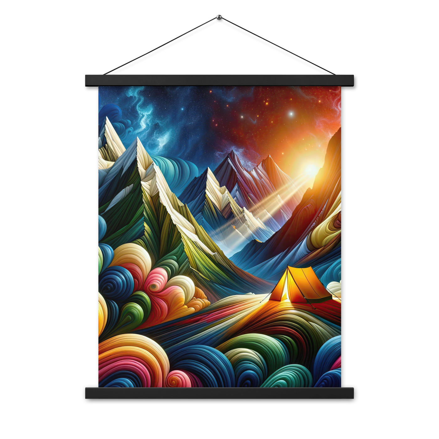 Abstrakte Bergwelt in lebendigen Farben mit Zelt - Premium Poster mit Aufhängung camping xxx yyy zzz 45.7 x 61 cm