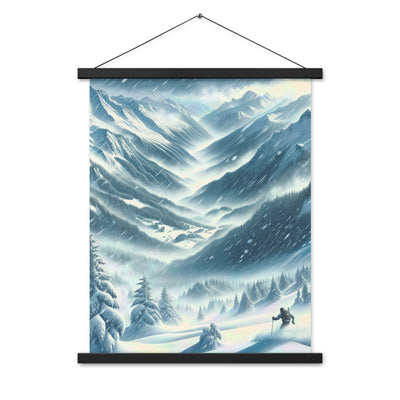 Alpine Wildnis im Wintersturm mit Skifahrer, verschneite Landschaft - Premium Poster mit Aufhängung klettern ski xxx yyy zzz 45.7 x 61 cm