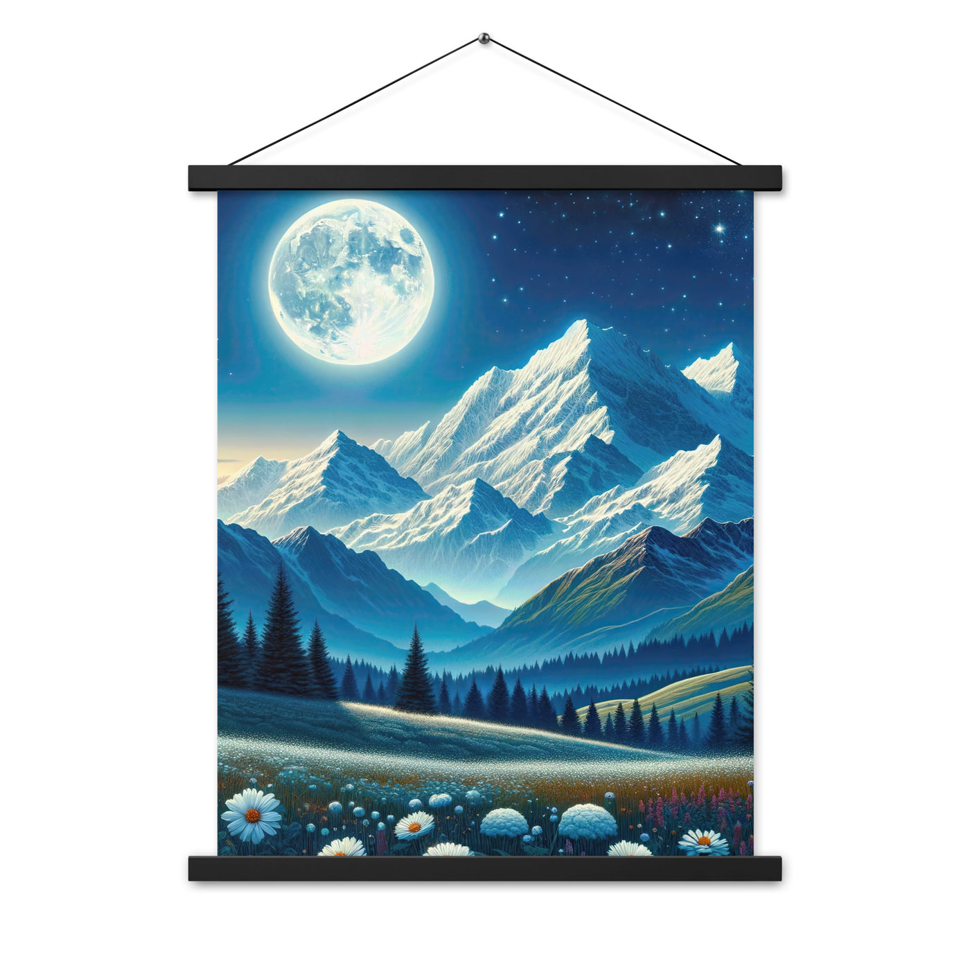 Klare frühlingshafte Alpennacht mit Blumen und Vollmond über Schneegipfeln - Premium Poster mit Aufhängung berge xxx yyy zzz 45.7 x 61 cm