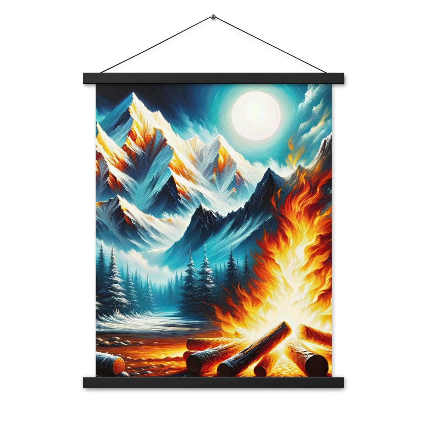 Ölgemälde von Feuer und Eis: Lagerfeuer und Alpen im Kontrast, warme Flammen - Premium Poster mit Aufhängung camping xxx yyy zzz 45.7 x 61 cm