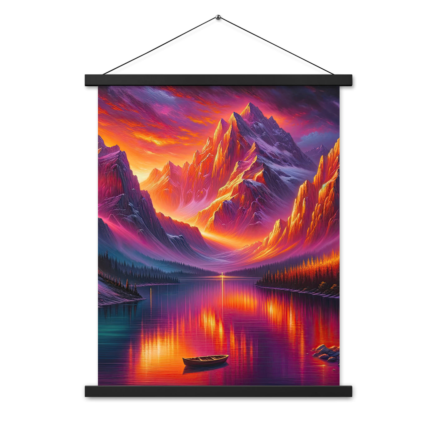 Ölgemälde eines Bootes auf einem Bergsee bei Sonnenuntergang, lebendige Orange-Lila Töne - Premium Poster mit Aufhängung berge xxx yyy zzz 45.7 x 61 cm