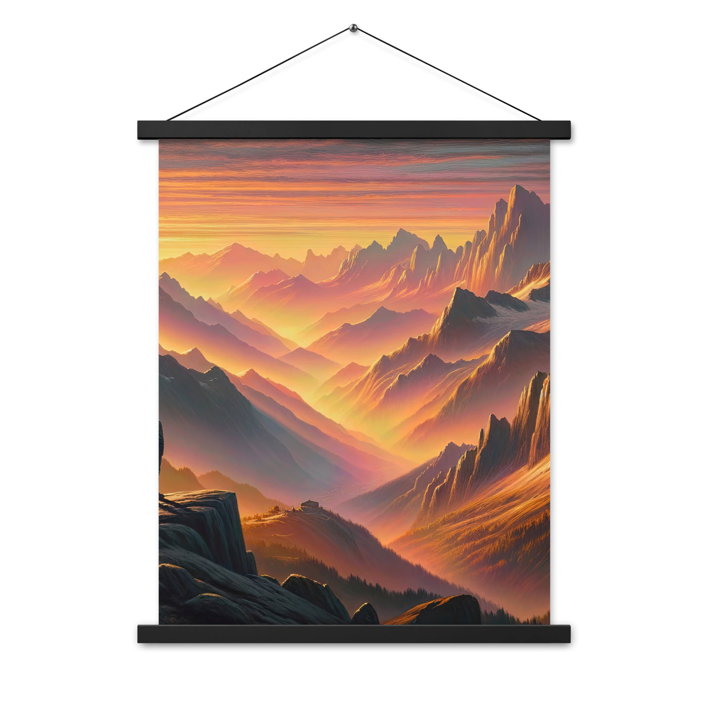 Ölgemälde der Alpen in der goldenen Stunde mit Wanderer, Orange-Rosa Bergpanorama - Premium Poster mit Aufhängung wandern xxx yyy zzz 45.7 x 61 cm