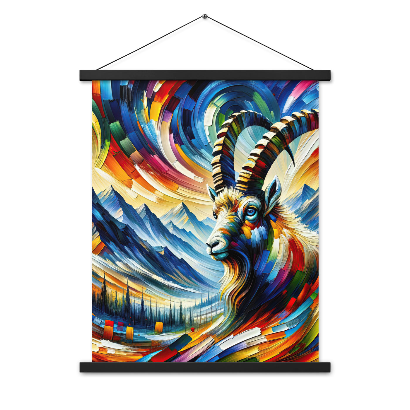 Alpen-Ölgemälde mit kräftigen Farben und Bergsteinbock in lebendiger Szenerie - Premium Poster mit Aufhängung berge xxx yyy zzz 45.7 x 61 cm