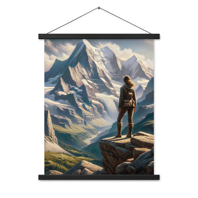 Ölgemälde der Alpengipfel mit Schweizer Abenteurerin auf Felsvorsprung - Premium Poster mit Aufhängung wandern xxx yyy zzz 45.7 x 61 cm