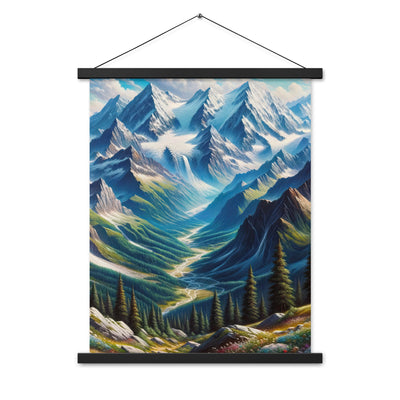 Panorama-Ölgemälde der Alpen mit schneebedeckten Gipfeln und schlängelnden Flusstälern - Premium Poster mit Aufhängung berge xxx yyy zzz 45.7 x 61 cm