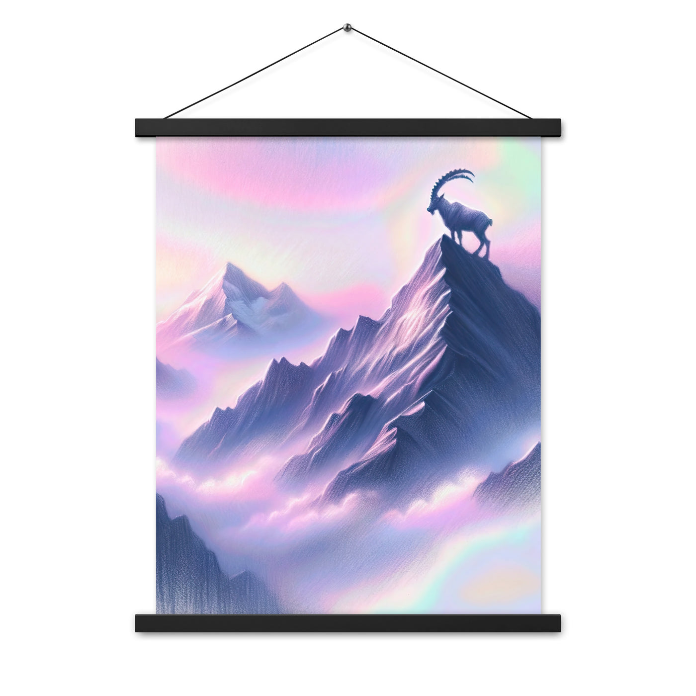 Pastellzeichnung der Alpen im Morgengrauen mit Steinbock in Rosa- und Lavendeltönen - Premium Poster mit Aufhängung berge xxx yyy zzz 45.7 x 61 cm