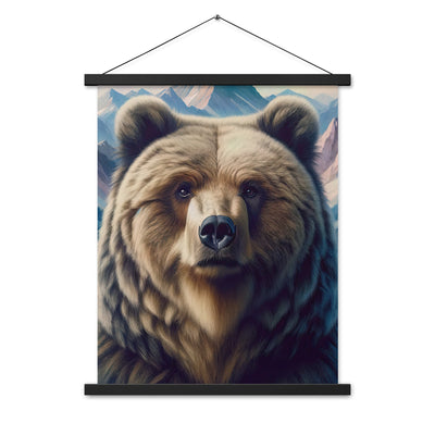 Foto eines Bären vor abstrakt gemalten Alpenbergen, Oberkörper im Fokus - Premium Poster mit Aufhängung camping xxx yyy zzz 45.7 x 61 cm