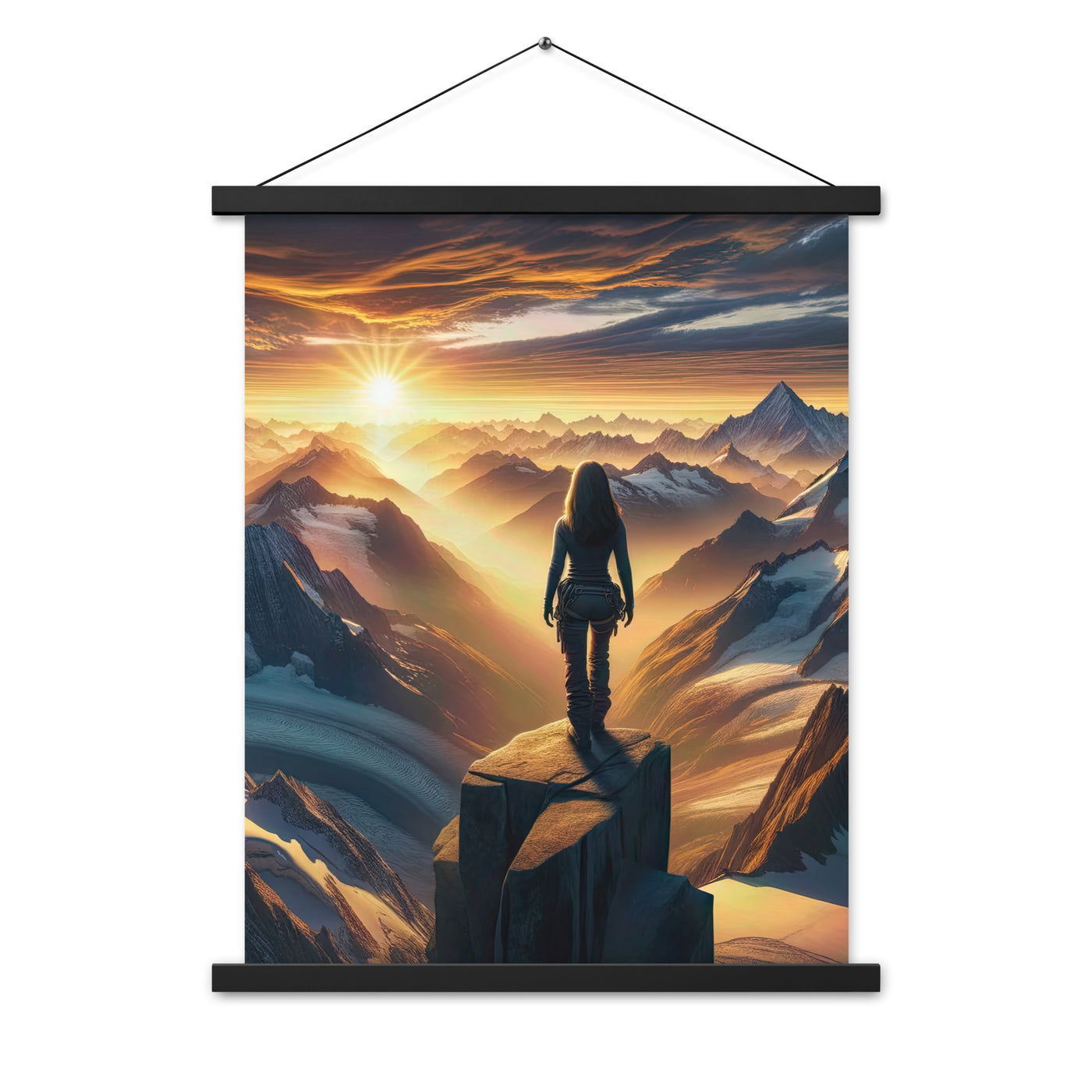 Fotorealistische Darstellung der Alpen bei Sonnenaufgang, Wanderin unter einem gold-purpurnen Himmel - Enhanced Matte Paper Poster With wandern xxx yyy zzz 45.7 x 61 cm