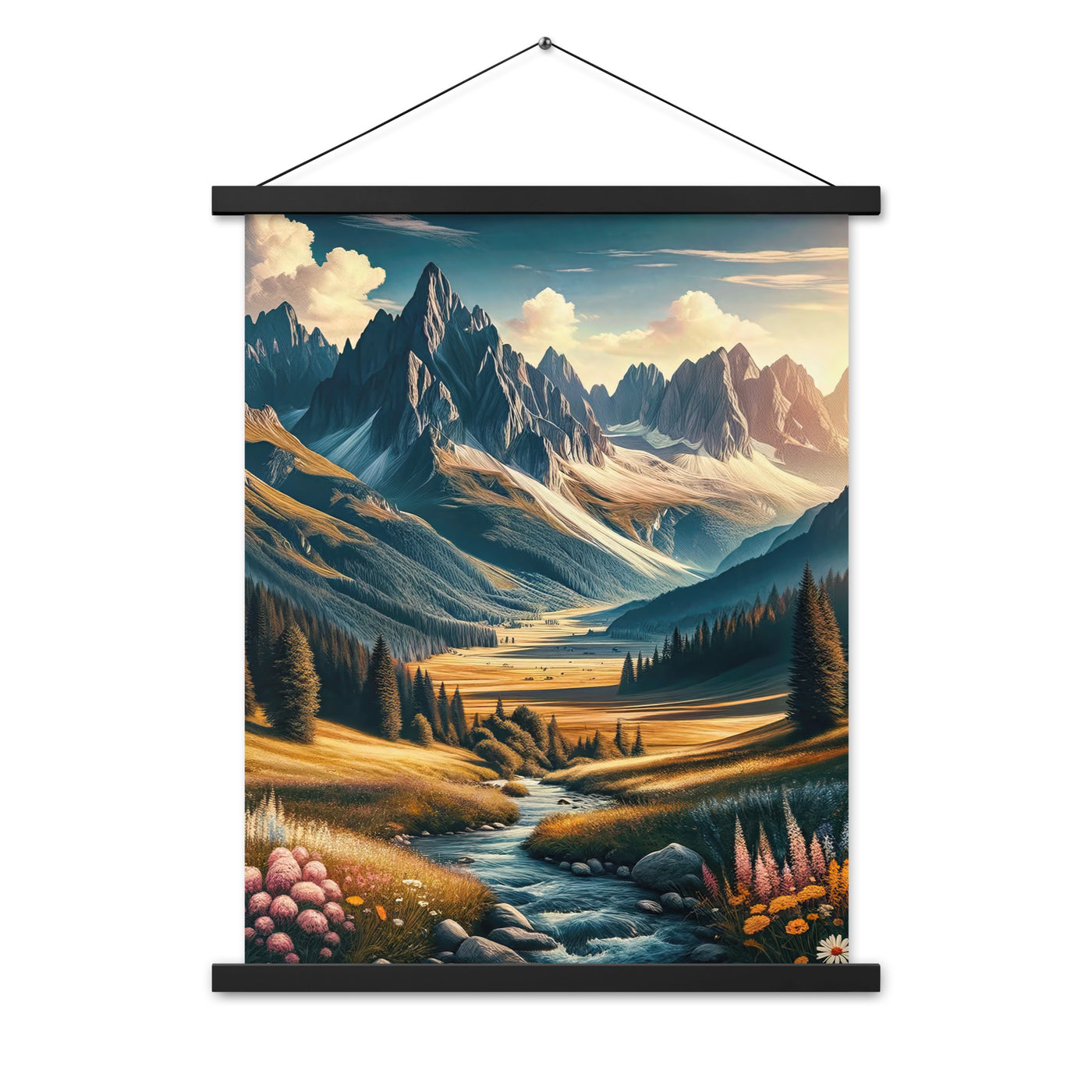 Quadratisches Kunstwerk der Alpen, majestätische Berge unter goldener Sonne - Premium Poster mit Aufhängung berge xxx yyy zzz 45.7 x 61 cm