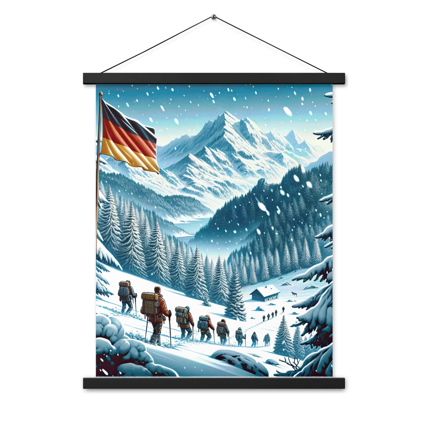 Quadratische Winterillustration der Alpen mit deutscher Flagge und Wanderteam - Premium Poster mit Aufhängung wandern xxx yyy zzz 45.7 x 61 cm