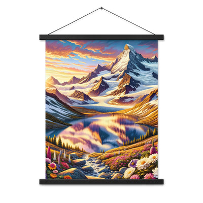 Quadratische Illustration der Alpen mit schneebedeckten Gipfeln und Wildblumen - Premium Poster mit Aufhängung berge xxx yyy zzz 45.7 x 61 cm