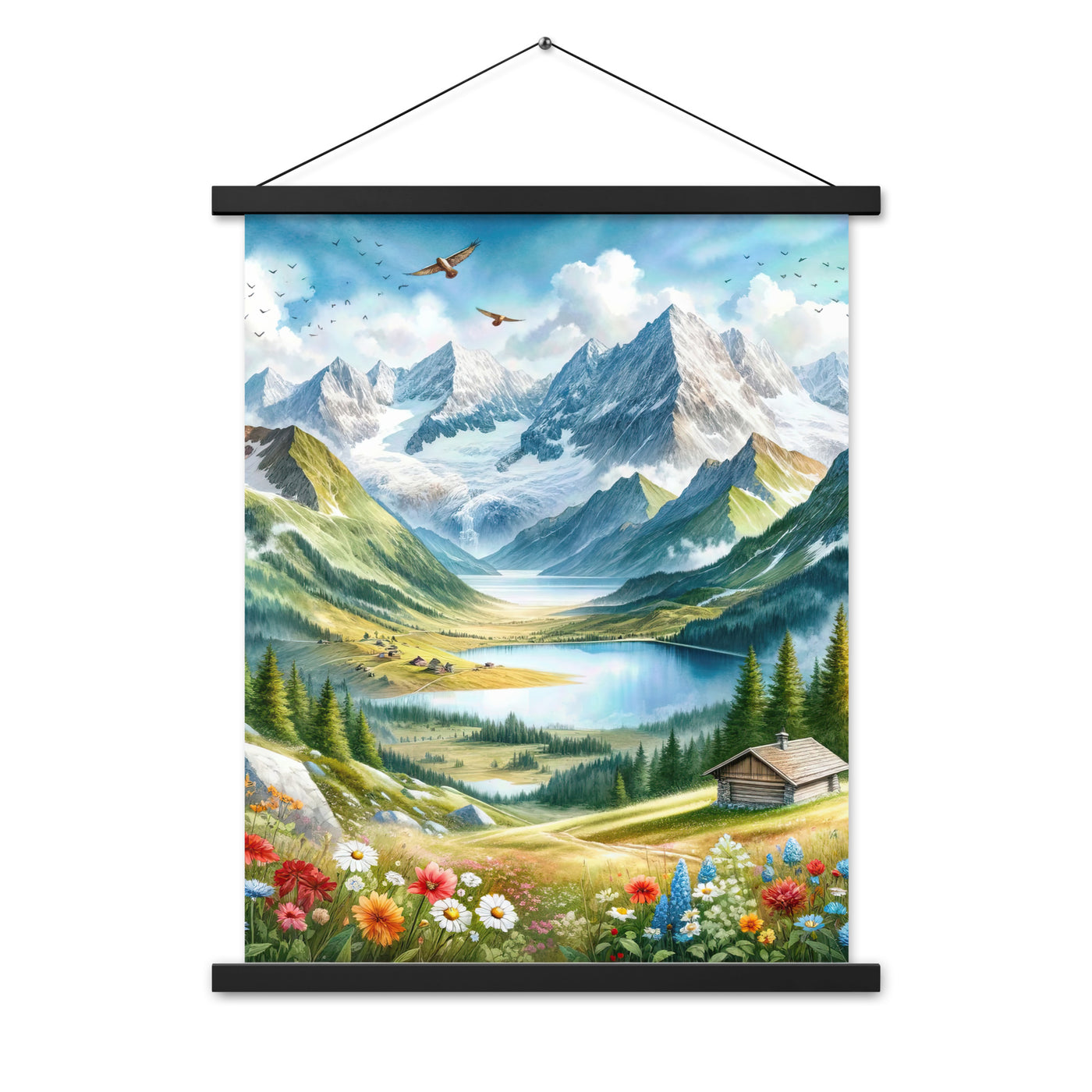 Quadratisches Aquarell der Alpen, Berge mit schneebedeckten Spitzen - Premium Poster mit Aufhängung berge xxx yyy zzz 45.7 x 61 cm