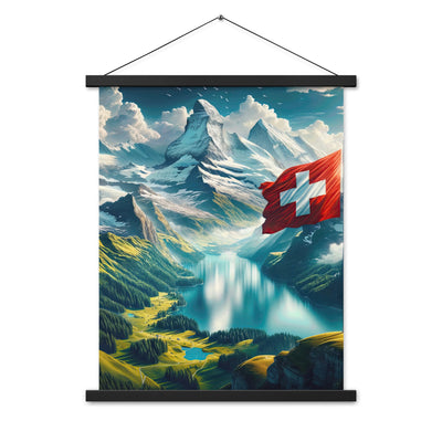 Ultraepische, fotorealistische Darstellung der Schweizer Alpenlandschaft mit Schweizer Flagge - Enhanced Matte Paper Poster With Hanger berge xxx yyy zzz 45.7 x 61 cm