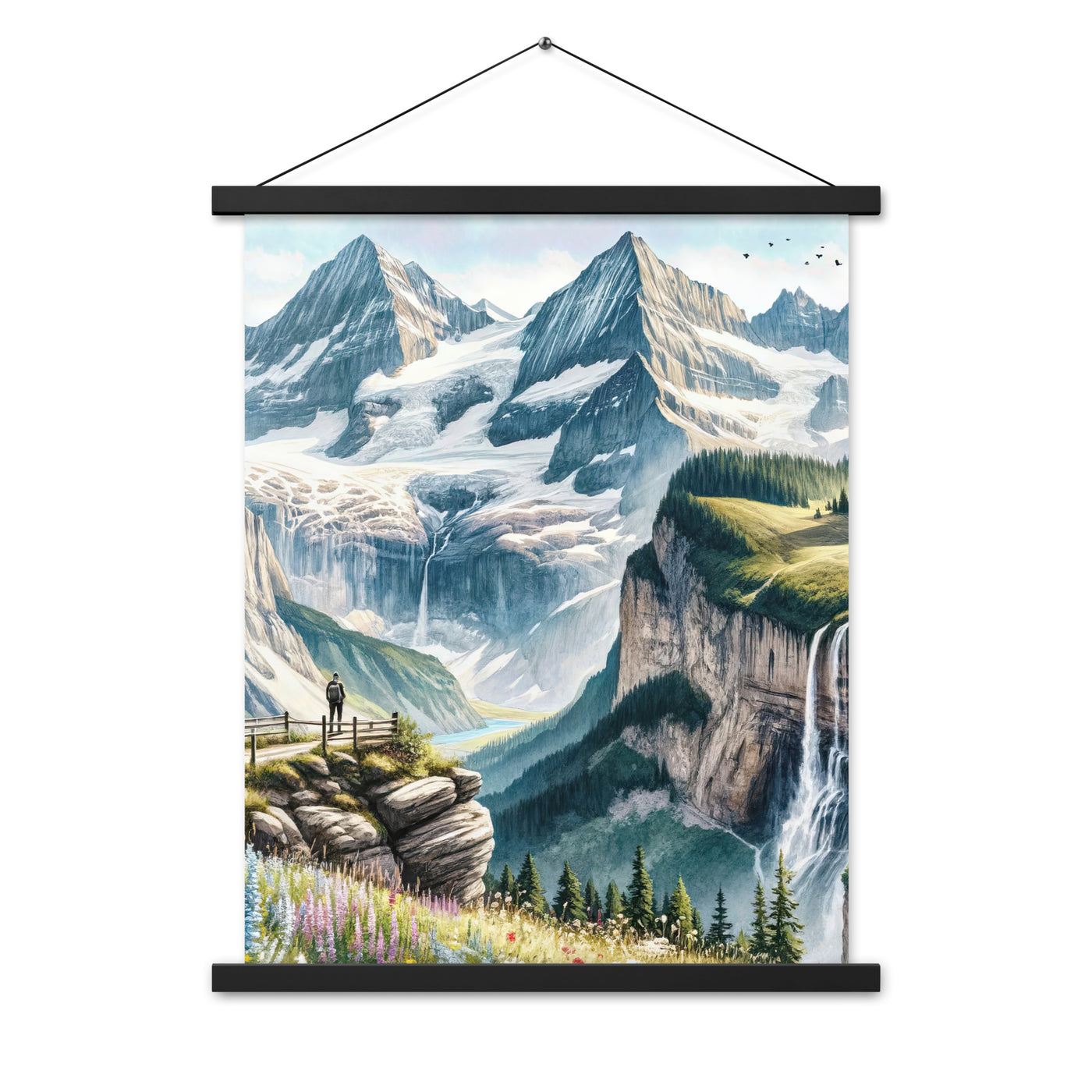Aquarell-Panoramablick der Alpen mit schneebedeckten Gipfeln, Wasserfällen und Wanderern - Premium Poster mit Aufhängung wandern xxx yyy zzz 45.7 x 61 cm