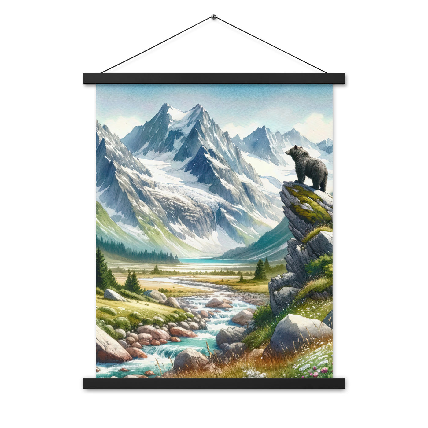Aquarellmalerei eines Bären und der sommerlichen Alpenschönheit mit schneebedeckten Ketten - Enhanced Matte Paper Poster With Hanger camping xxx yyy zzz 45.7 x 61 cm