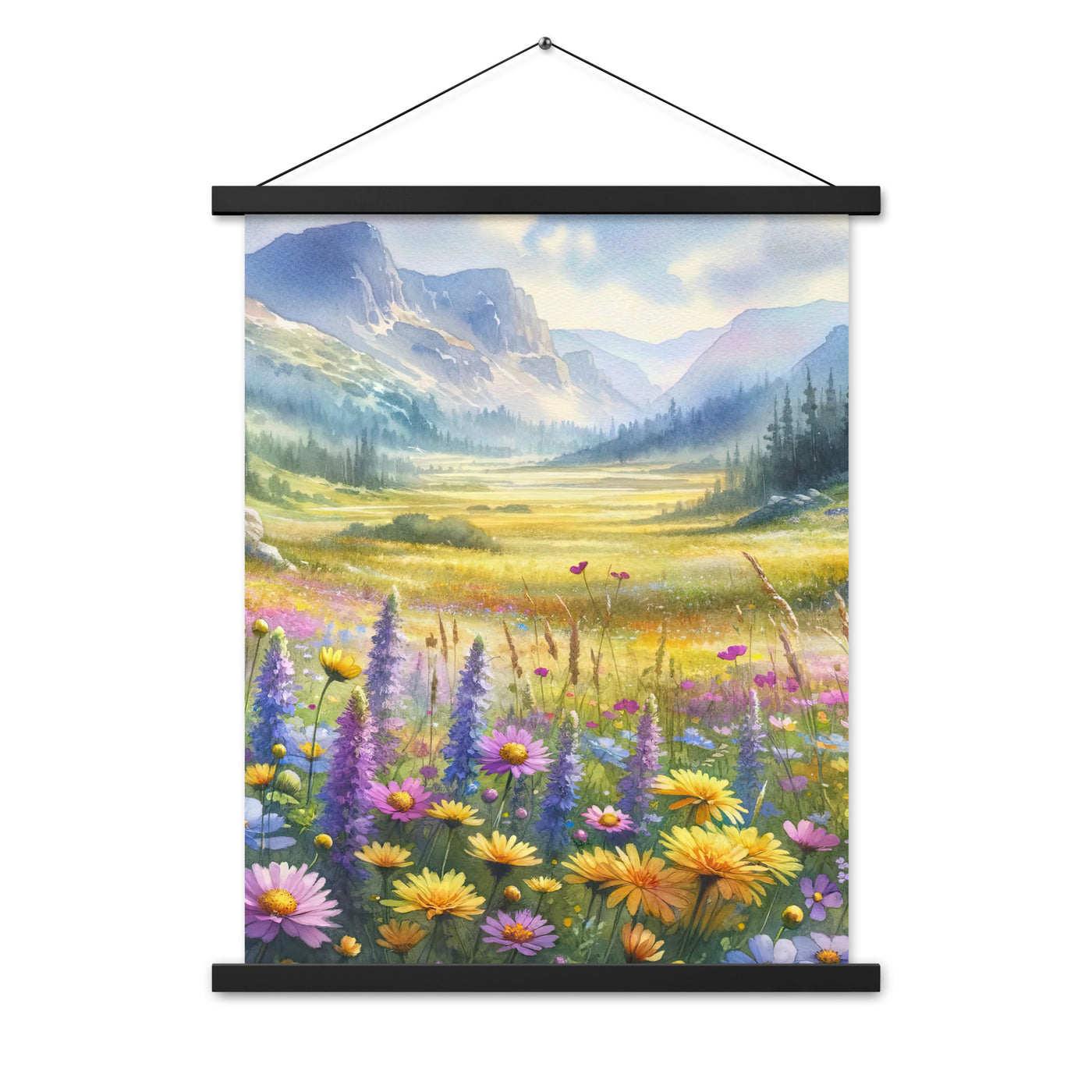 Aquarell einer Almwiese in Ruhe, Wildblumenteppich in Gelb, Lila, Rosa - Premium Poster mit Aufhängung berge xxx yyy zzz 45.7 x 61 cm