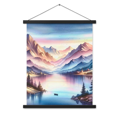 Aquarell einer Dämmerung in den Alpen, Boot auf einem See in Pastell-Licht - Premium Poster mit Aufhängung berge xxx yyy zzz 45.7 x 61 cm
