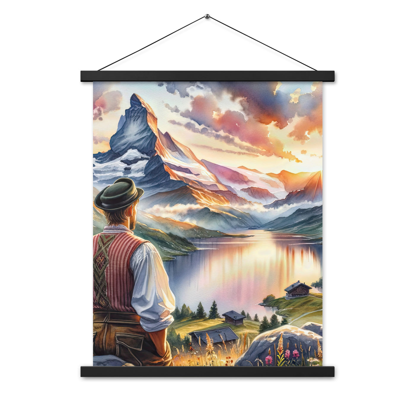 Aquarell einer Berglandschaft in der goldenen Stunde mit österreichischem Wanderer - Premium Poster mit Aufhängung wandern xxx yyy zzz 45.7 x 61 cm