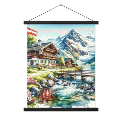 Aquarell der frühlingshaften Alpenkette mit österreichischer Flagge und schmelzendem Schnee - Enhanced Matte Paper Poster With Hanger berge xxx yyy zzz 45.7 x 61 cm