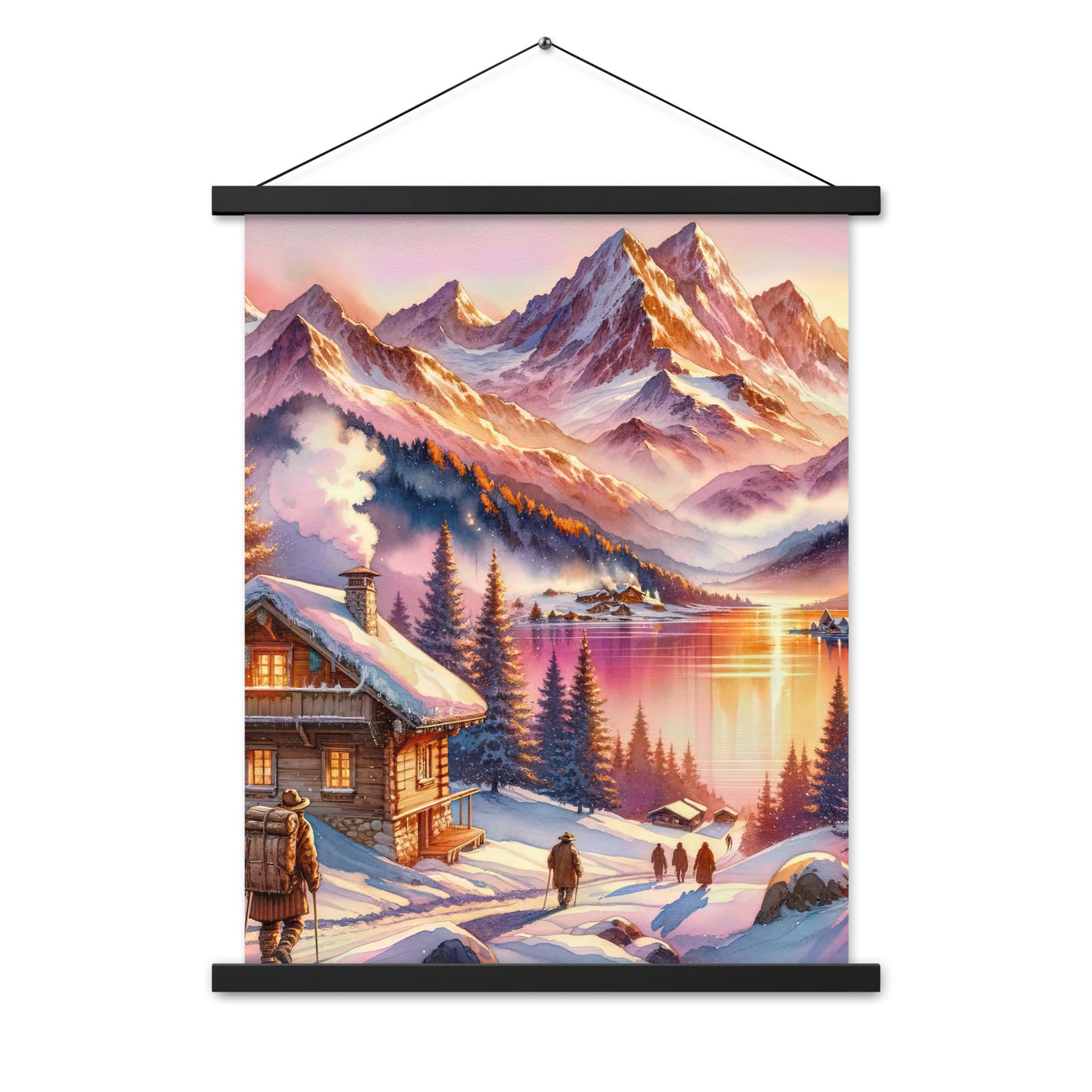 Aquarell eines Alpenpanoramas mit Wanderern bei Sonnenuntergang in Rosa und Gold - Premium Poster mit Aufhängung wandern xxx yyy zzz 45.7 x 61 cm