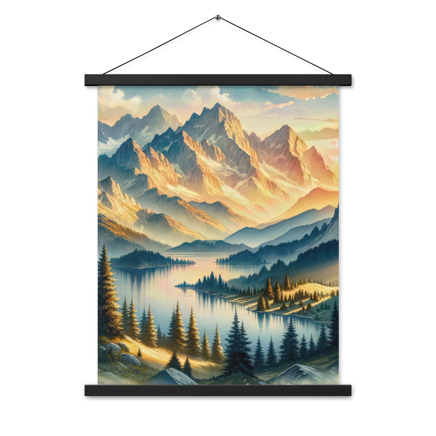 Aquarell der Alpenpracht bei Sonnenuntergang, Berge im goldenen Licht - Premium Poster mit Aufhängung berge xxx yyy zzz 45.7 x 61 cm