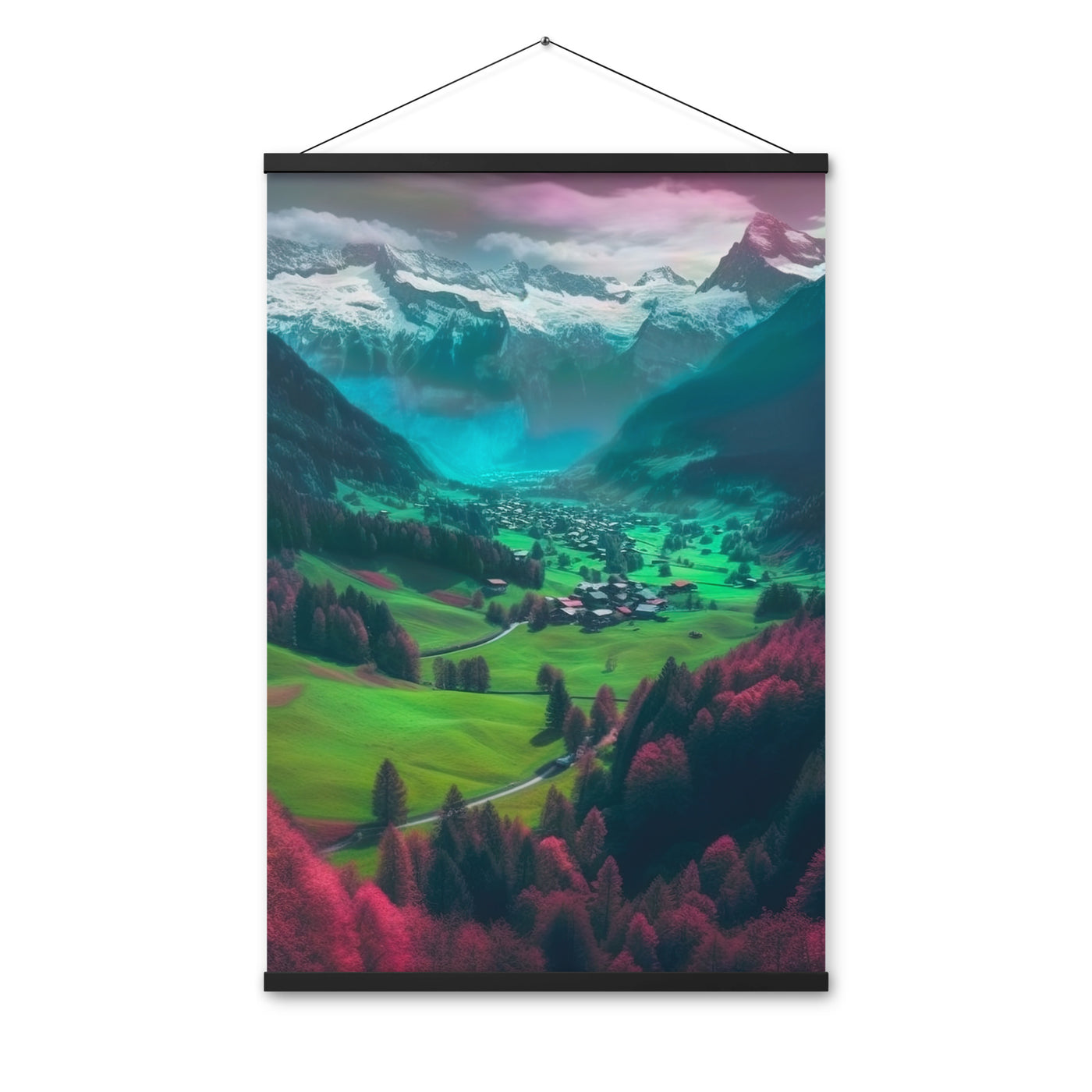 Berglandschaft und Dorf - Fotorealistische Malerei - Premium Poster mit Aufhängung berge xxx 61 x 91.4 cm