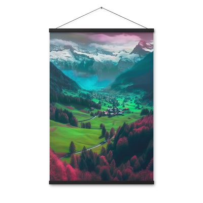 Berglandschaft und Dorf - Fotorealistische Malerei - Premium Poster mit Aufhängung berge xxx 61 x 91.4 cm