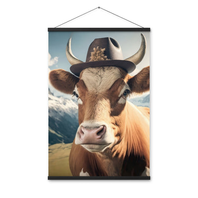 Kuh mit Hut in den Alpen - Berge im Hintergrund - Landschaftsmalerei - Premium Poster mit Aufhängung berge xxx Black 61 x 91.4 cm