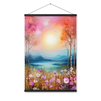 Berge, See, pinke Bäume und Blumen - Malerei - Premium Poster mit Aufhängung berge xxx 61 x 91.4 cm