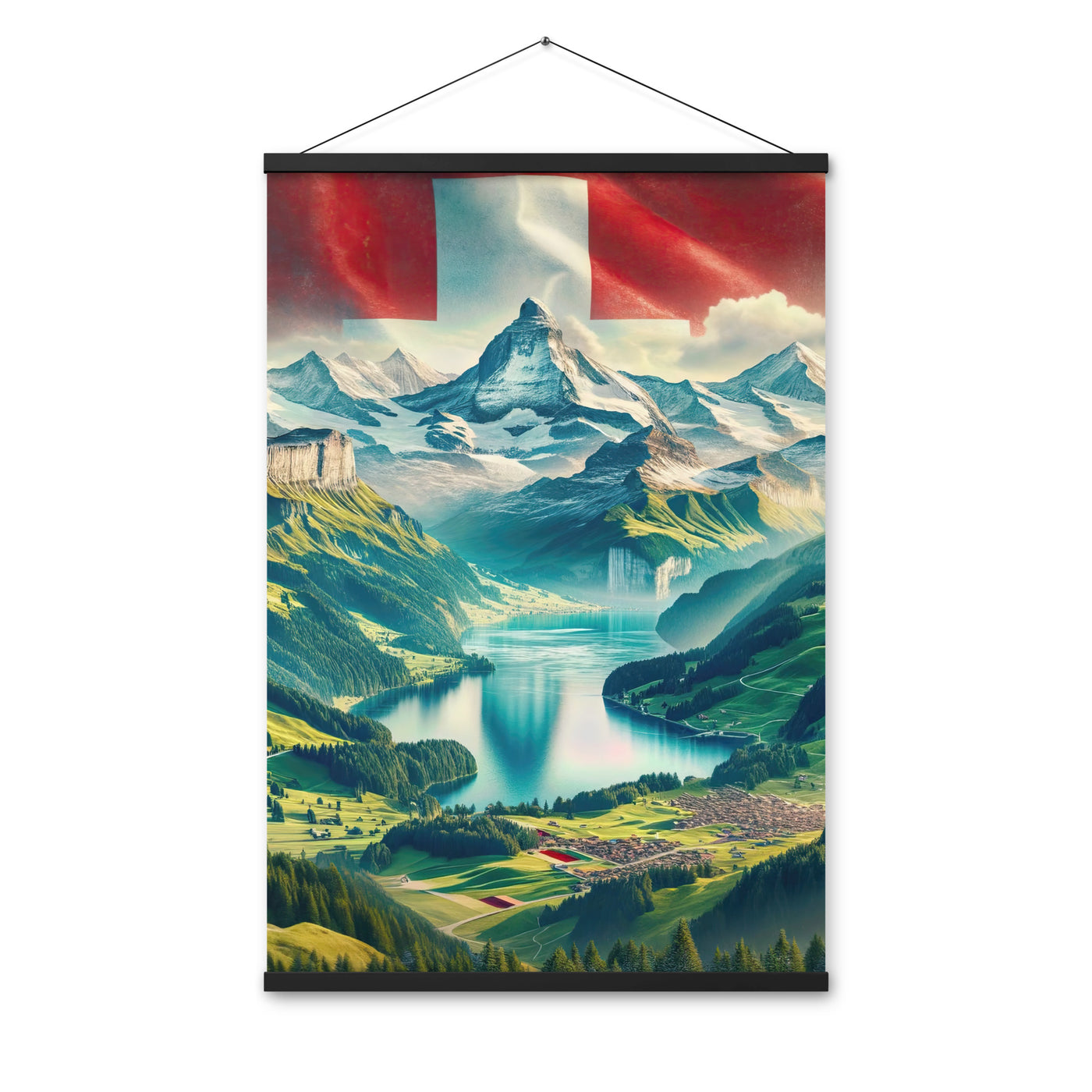 Berg Panorama: Schneeberge und Täler mit Schweizer Flagge - Premium Poster mit Aufhängung berge xxx yyy zzz 61 x 91.4 cm