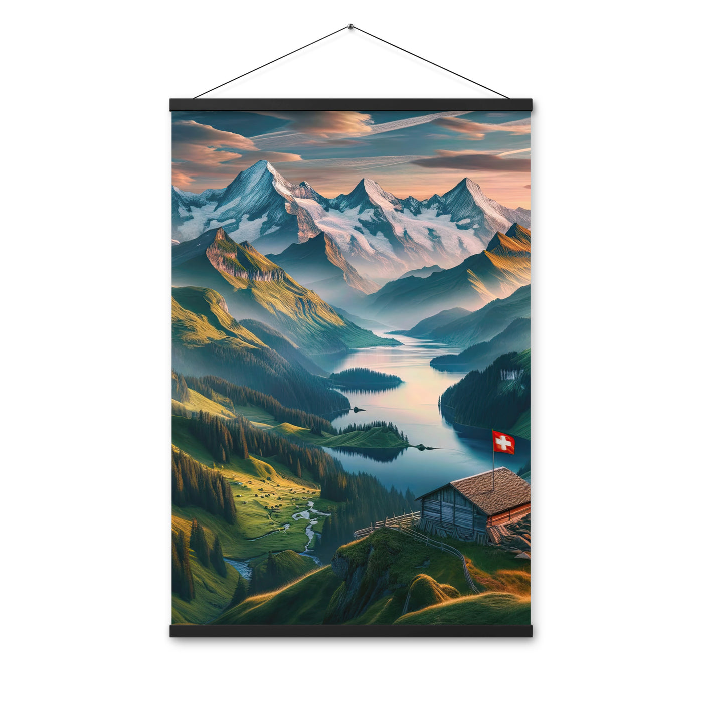 Schweizer Flagge, Alpenidylle: Dämmerlicht, epische Berge und stille Gewässer - Premium Poster mit Aufhängung berge xxx yyy zzz 61 x 91.4 cm